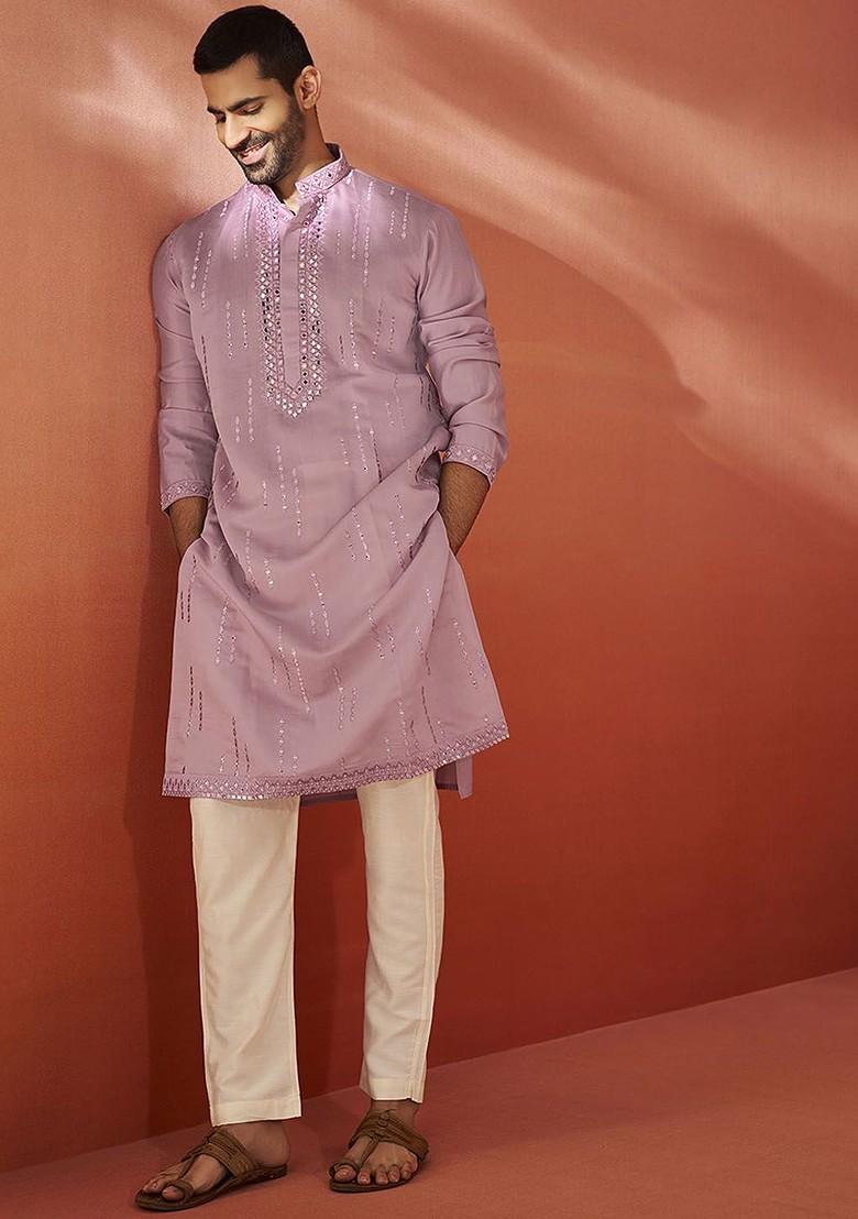 Pink Embroidered Silk Kurta Set For Men
