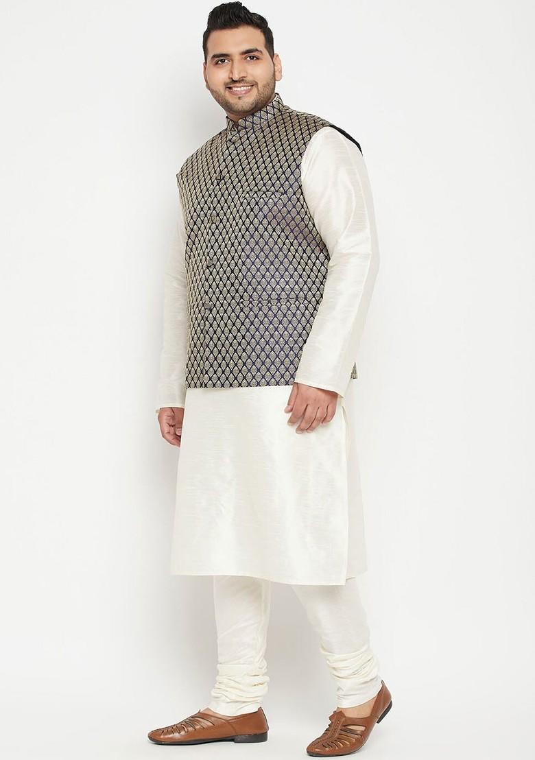 Cream Woven Poly Blend Kurta Set For Men
