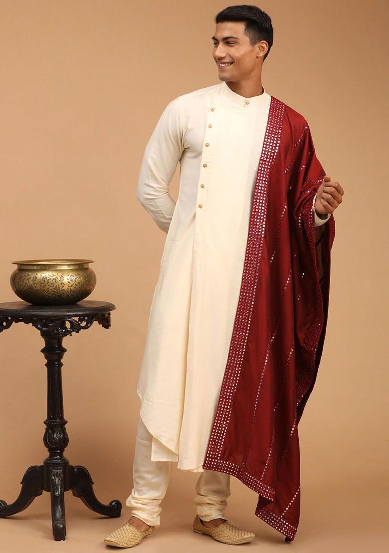 Cream Mirror Work Poly Blend Kurta Set For Men