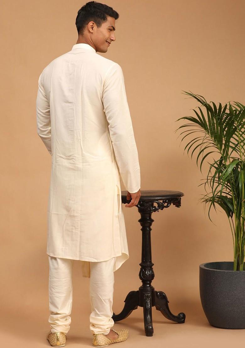 Cream Mirror Work Poly Blend Kurta Set For Men