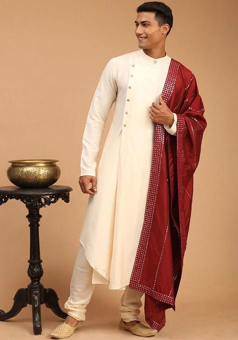 Cream Mirror Work Poly Blend Kurta Set For Men