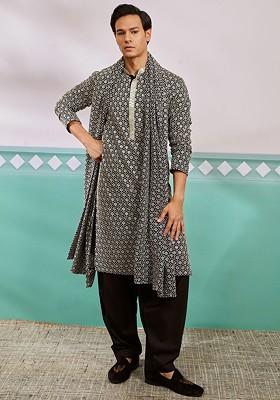 Black Ethnic Motifs Poly Blend Kurta Set For Men