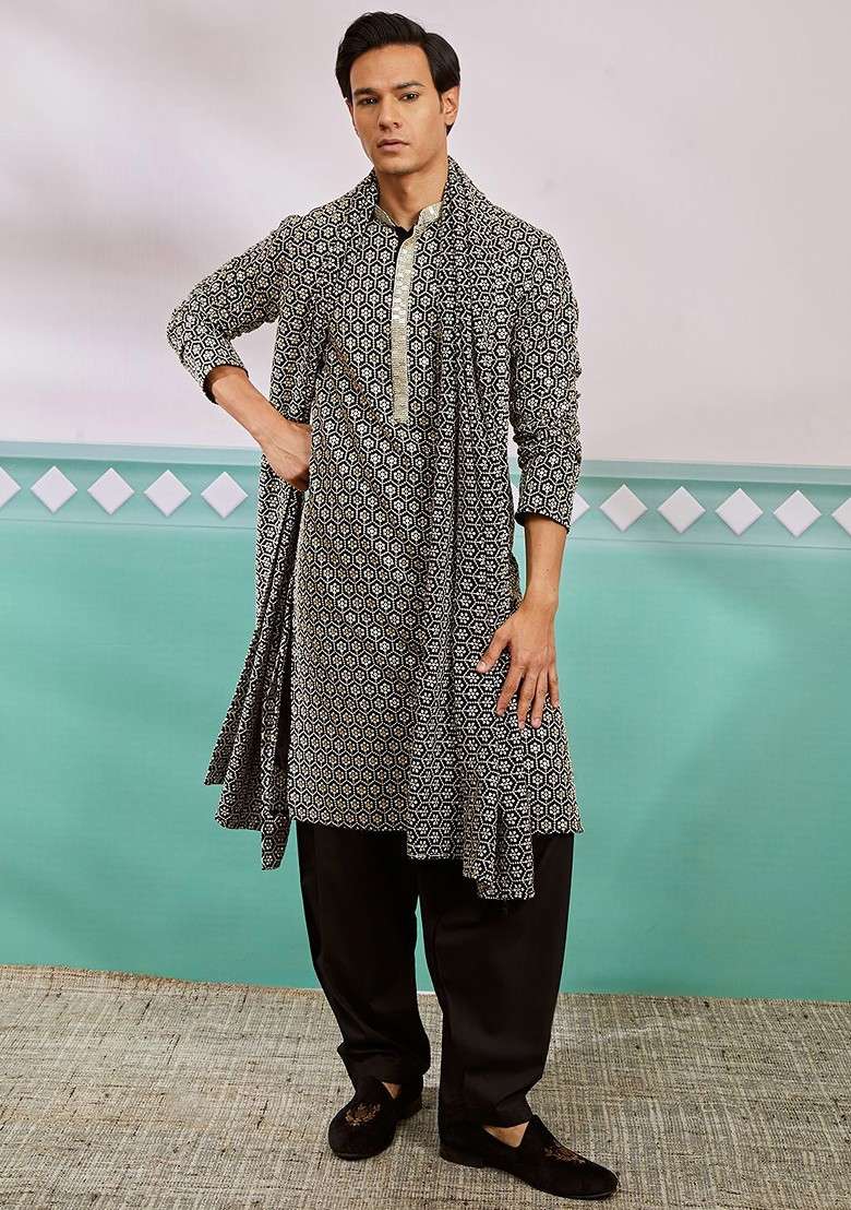 Black Ethnic Motifs Poly Blend Kurta Set For Men - Indya