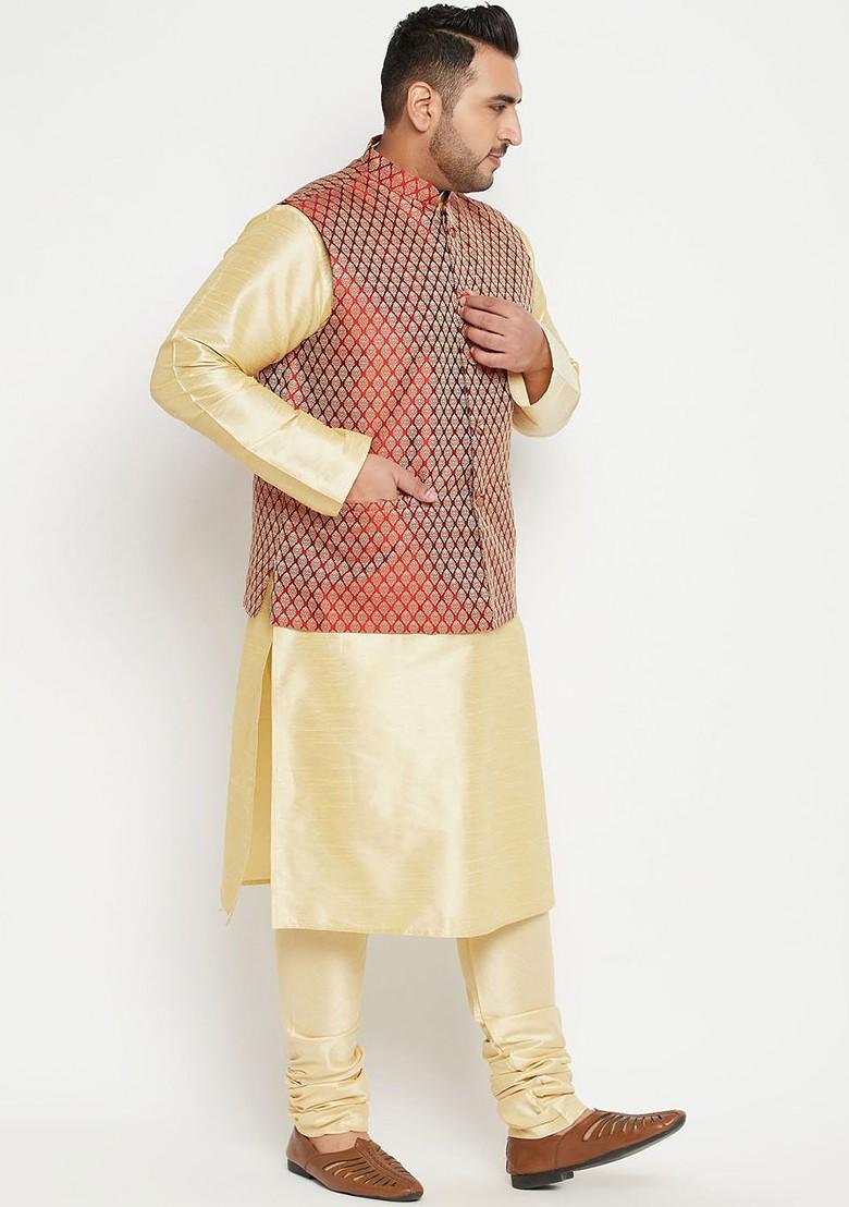 Gold Woven Poly Blend Kurta Set For Men