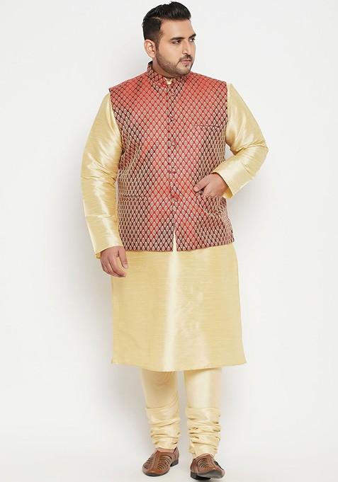 Gold Woven Poly Blend Kurta Set For Men