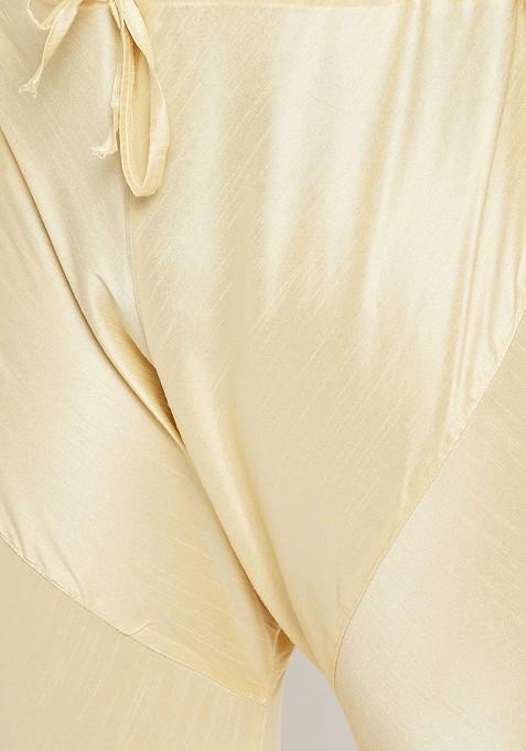 Gold Woven Poly Blend Kurta Set For Men