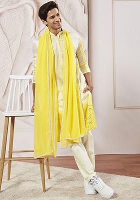 Yellow Embroidered Poly Blend Kurta Set For Men