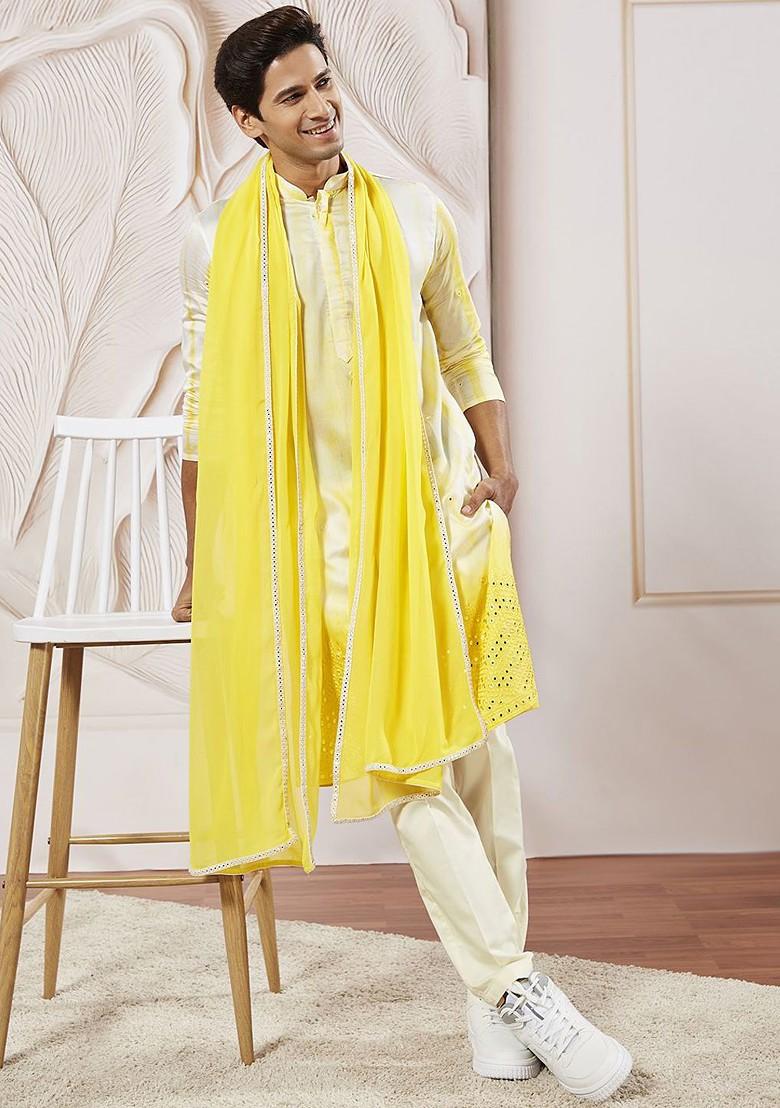 Yellow Embroidered Poly Blend Kurta Set For Men