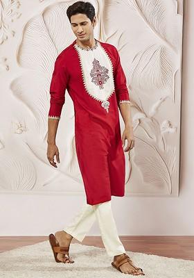 Red Sequin Work Poly Blend Kurta Set For Men