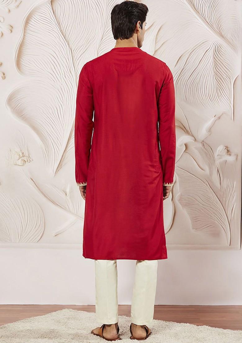 Red Sequin Work Poly Blend Kurta Set For Men