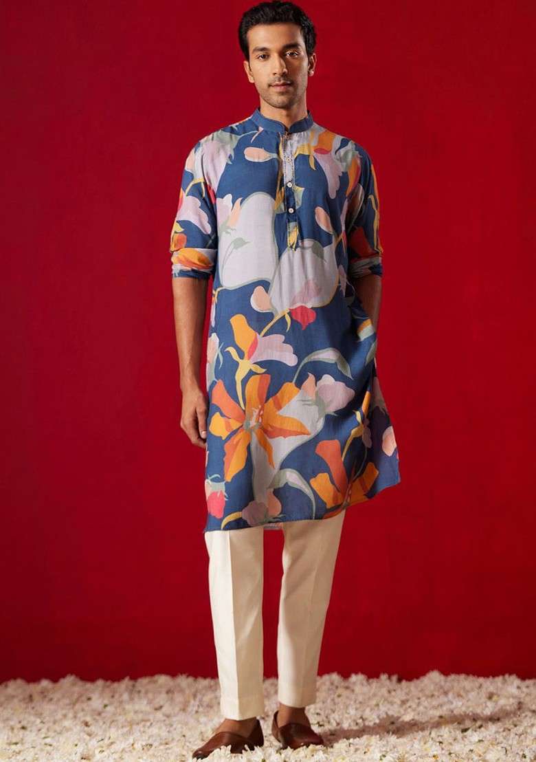 Blue Floral Print Poly Blend Kurta Set For Men - Indya