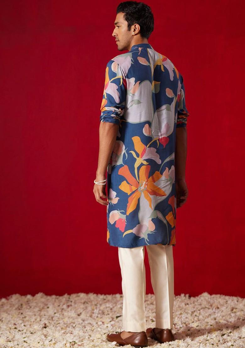 Blue Floral Print Poly Blend Kurta Set For Men