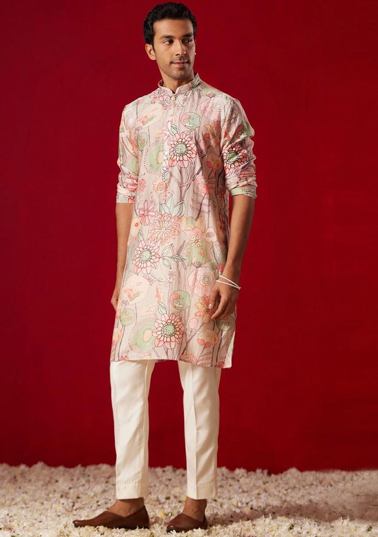 Pink Floral Print Poly Blend Kurta Set For Men