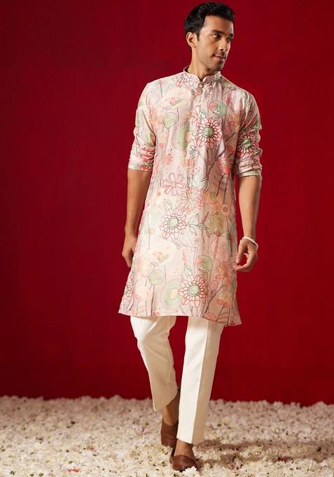 Pink Floral Print Poly Blend Kurta Set For Men