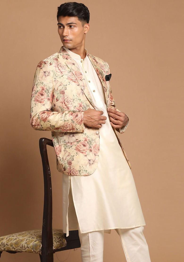 Cream Floral Print Poly Blend Kurta Set For Men