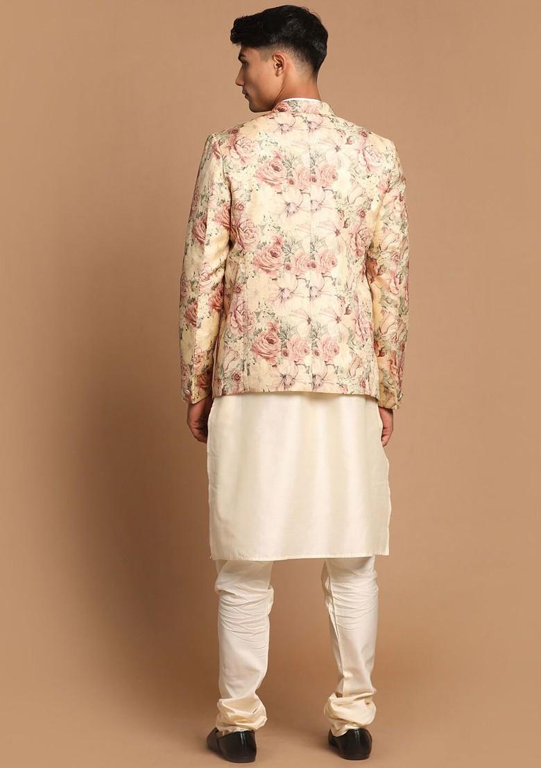 Cream Floral Print Poly Blend Kurta Set For Men
