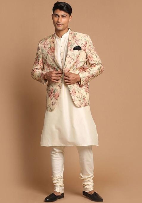 Cream Floral Print Poly Blend Kurta Set For Men