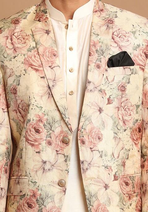 Cream Floral Print Poly Blend Kurta Set For Men