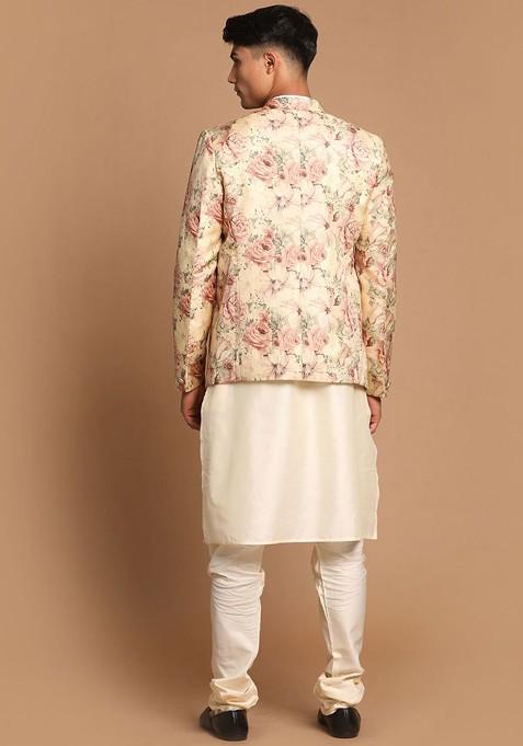 Cream Floral Print Poly Blend Kurta Set For Men