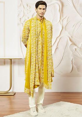 Mustard Floral Print Poly Blend Kurta Set For Men