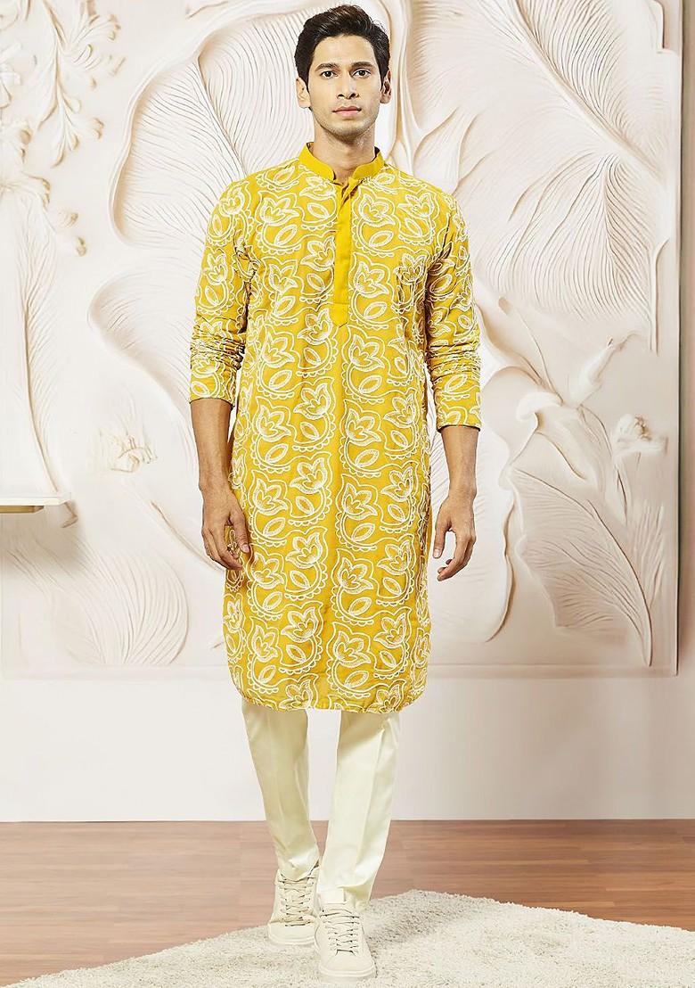 Mustard Floral Print Poly Blend Kurta Set For Men