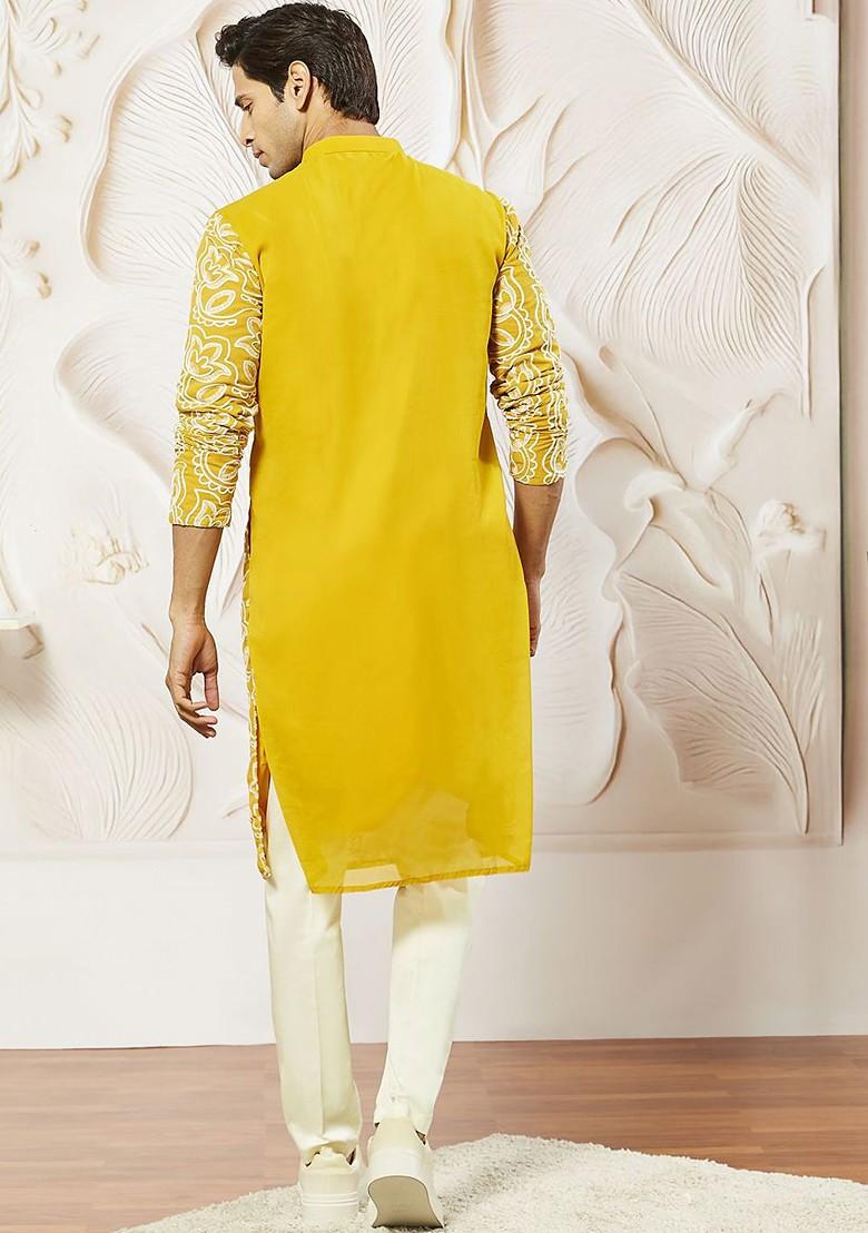 Mustard Floral Print Poly Blend Kurta Set For Men