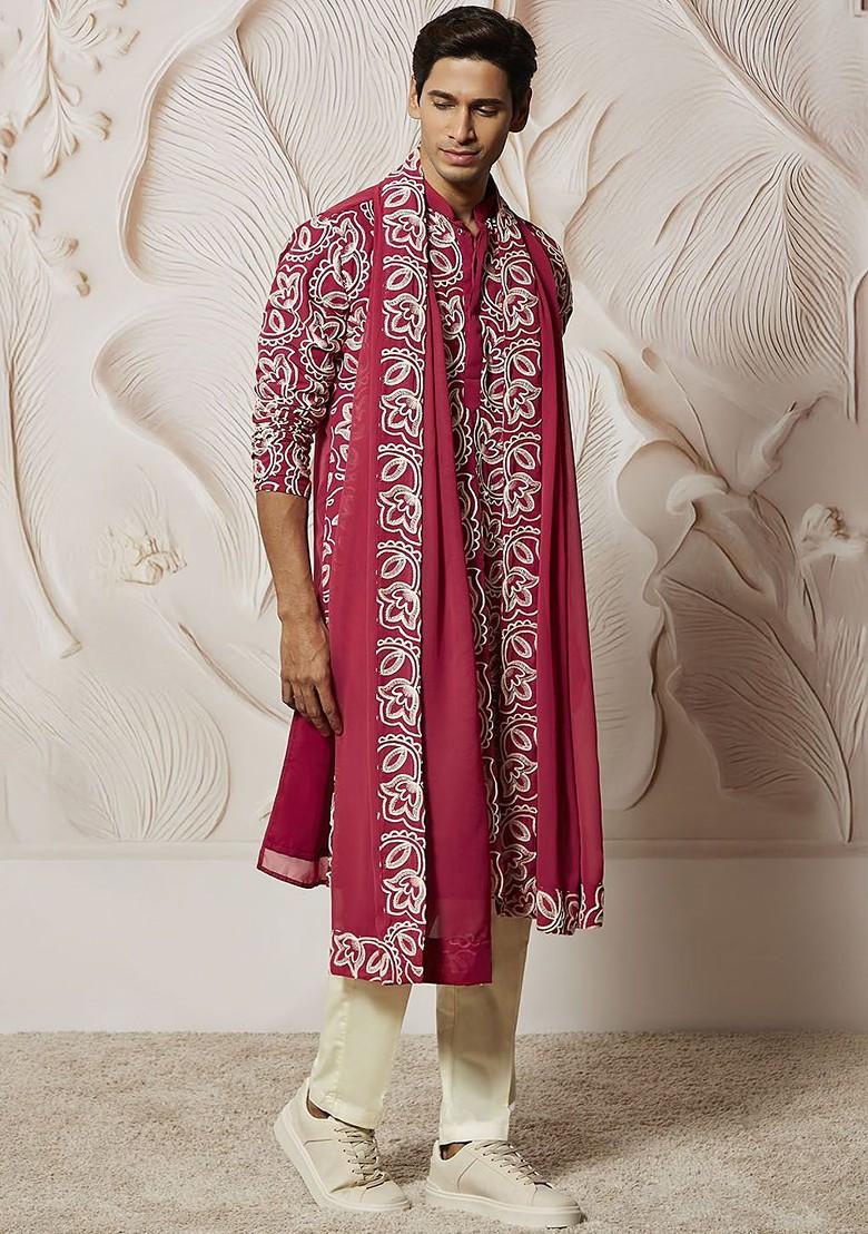 Maroon Floral Print Poly Blend Kurta Set For Men