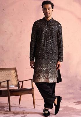 Black Embellished Poly Blend Kurta Set For Men