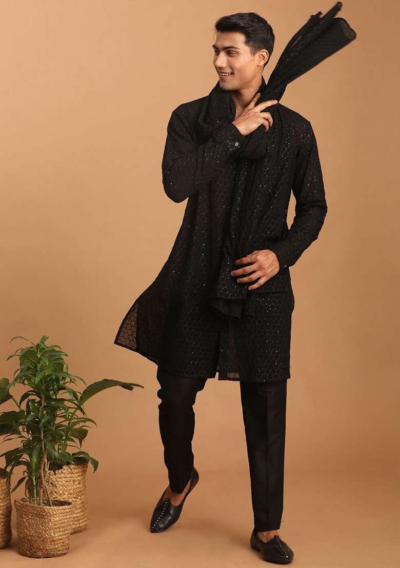 Black Sequin Work Georgette Kurta Set For Men - Indya