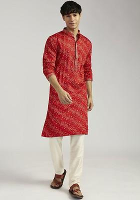 Red Bandhani Print Chinon Kurta Set For Men