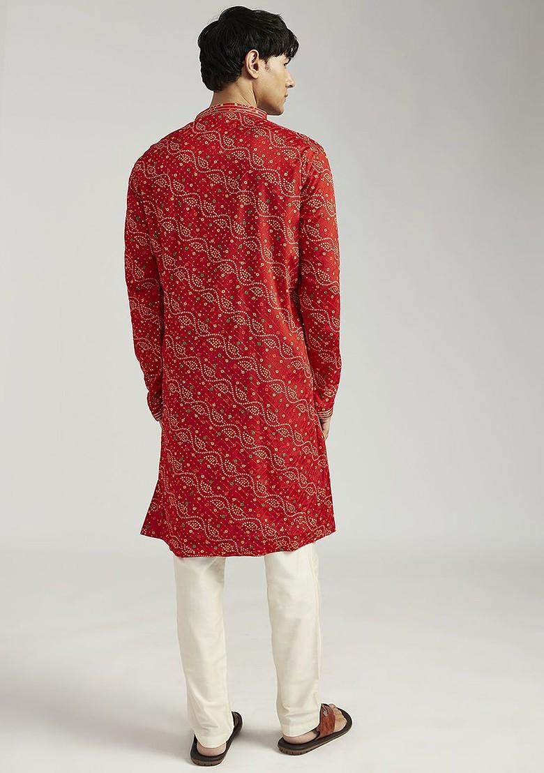 Red Bandhani Print Chinon Kurta Set For Men