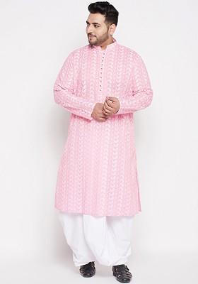 Pink Solid Cotton Kurta Set For Men