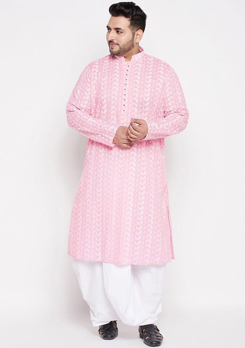 Pink Solid Cotton Kurta Set For Men