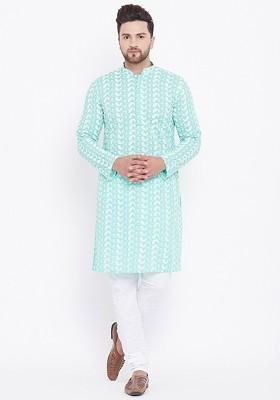 Green Embroidered Cotton Kurta Set For Men