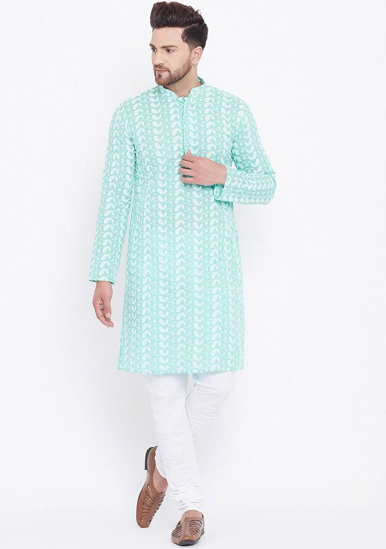 Green Embroidered Cotton Kurta Set For Men
