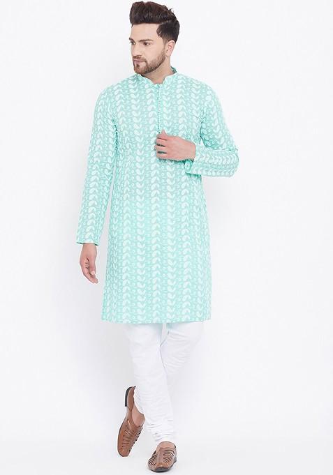 Green Embroidered Cotton Kurta Set For Men