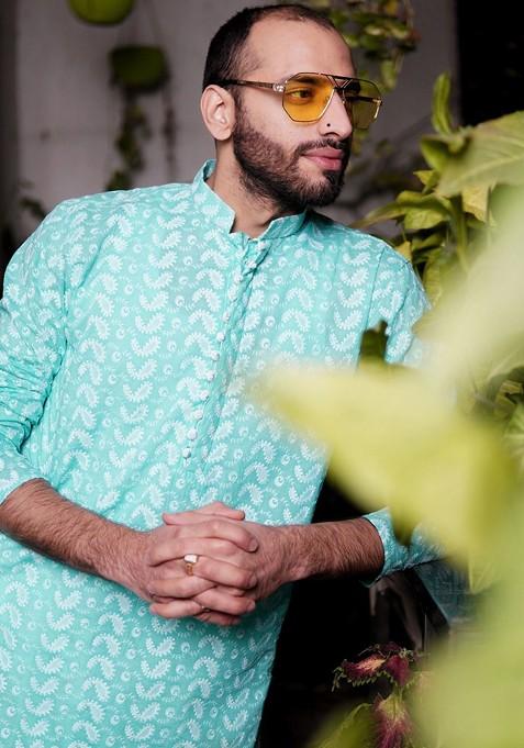 Green Embroidered Cotton Kurta Set For Men