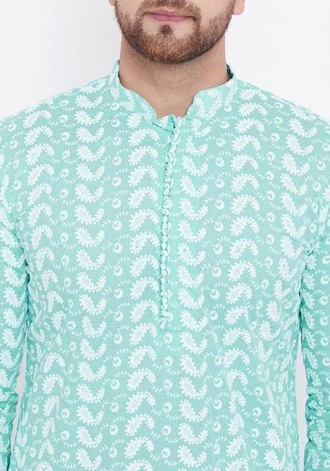 Green Embroidered Cotton Kurta Set For Men