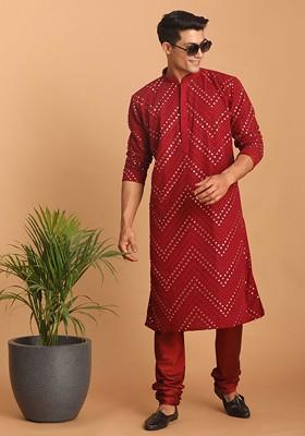 Maroon Embroidered Poly Blend Kurta Set For Men