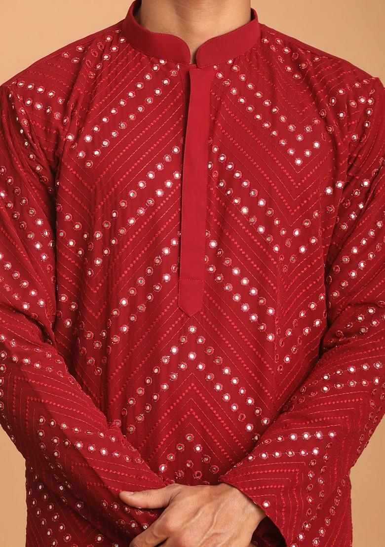 Maroon Embroidered Poly Blend Kurta Set For Men