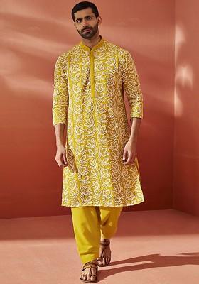 Mustard Floral Print Poly Blend Kurta Set For Men