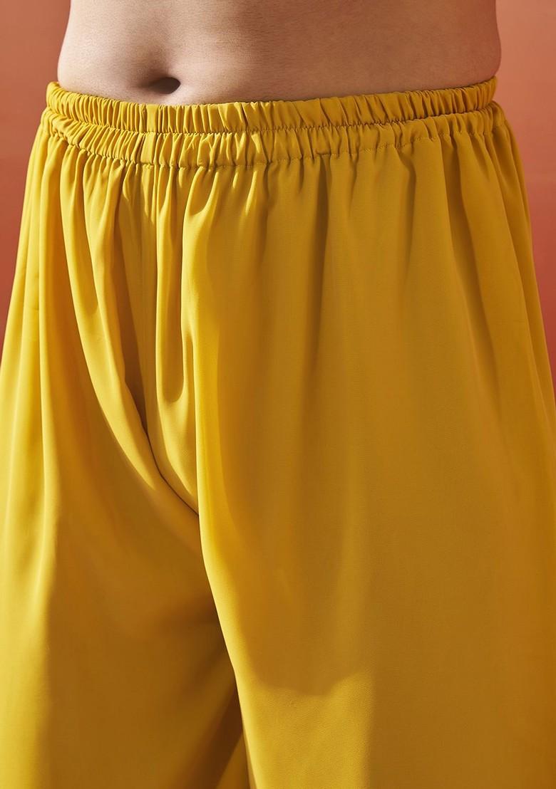 Mustard Floral Print Poly Blend Kurta Set For Men