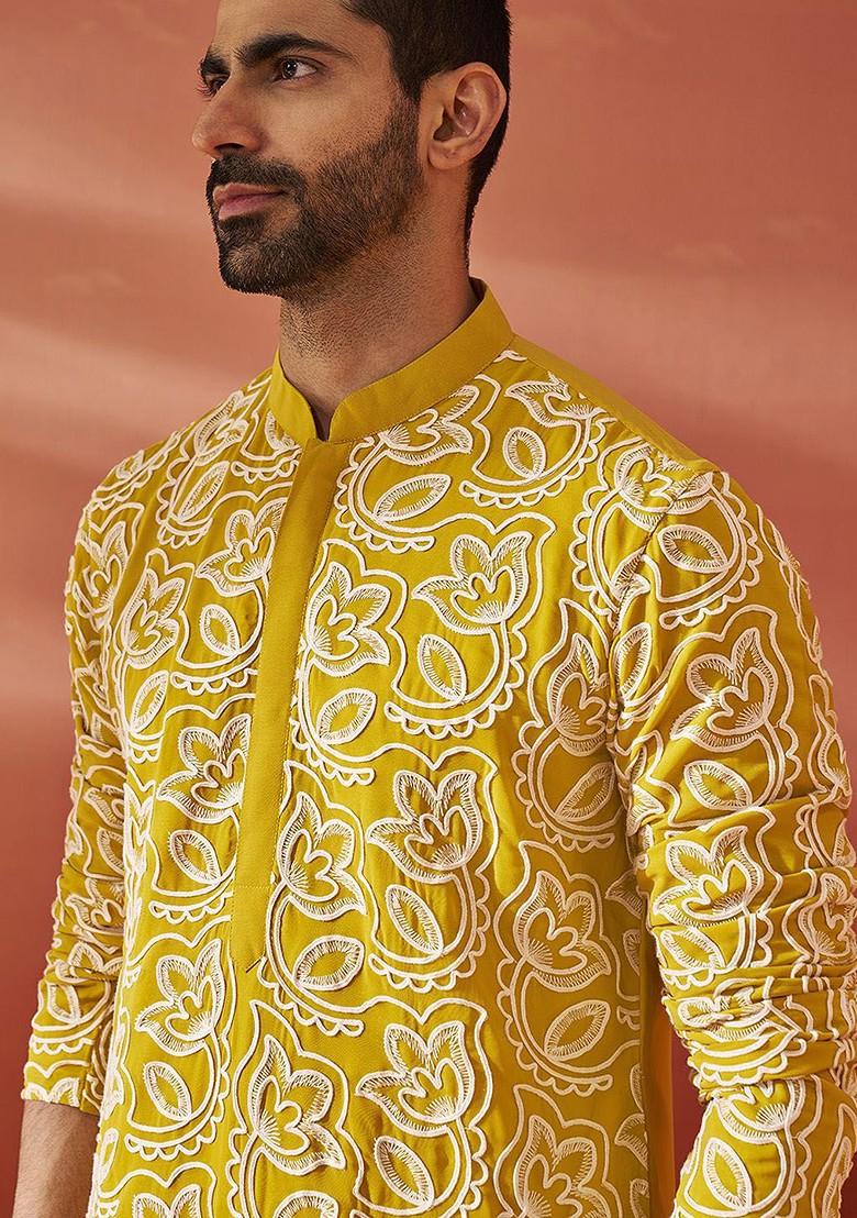 Mustard Floral Print Poly Blend Kurta Set For Men