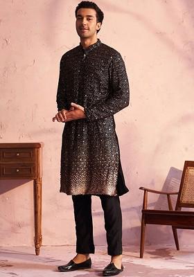 Black Embellished Poly Blend Kurta Set For Men