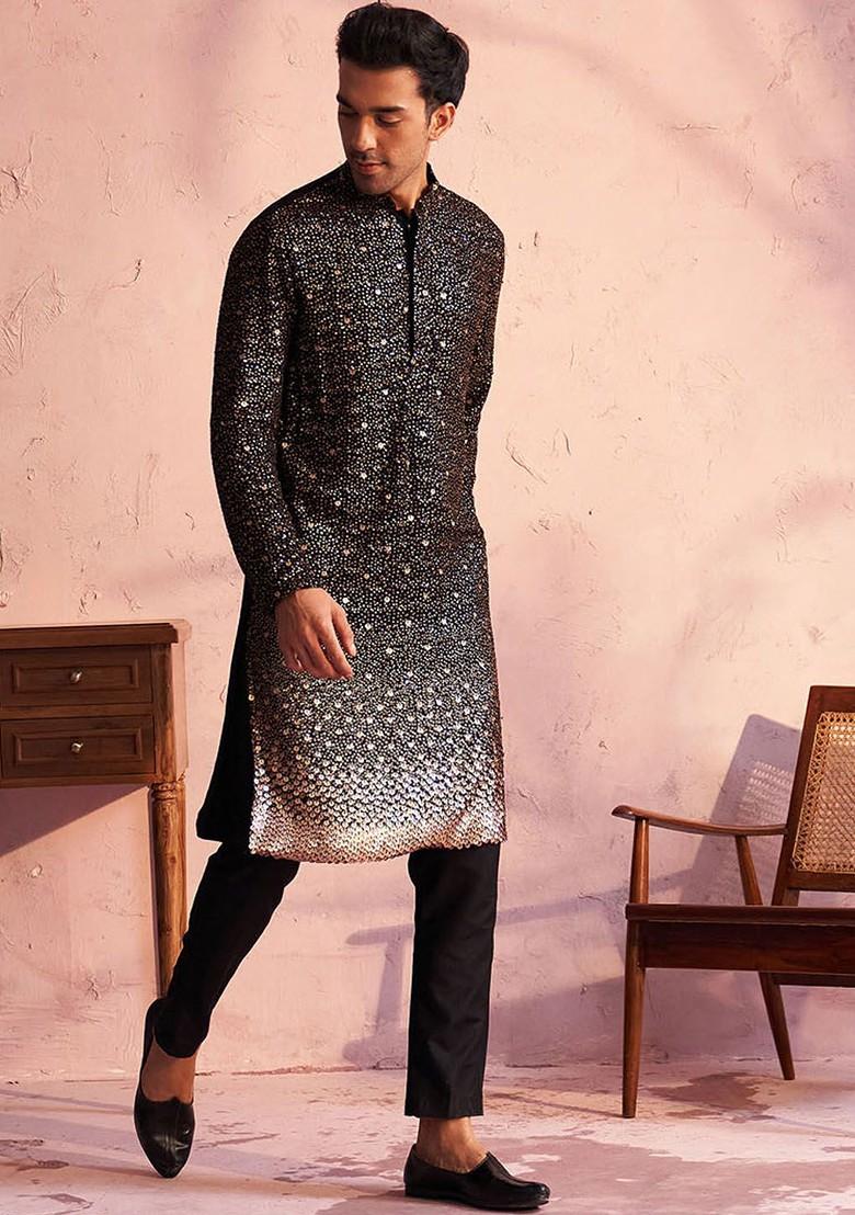 Black Embellished Poly Blend Kurta Set For Men