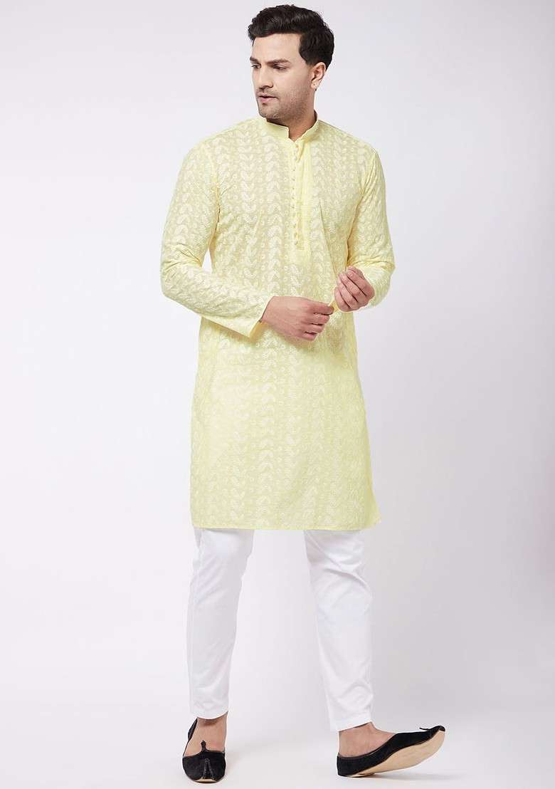 Yellow Solid Poly Blend Kurta Set For Men - Indya