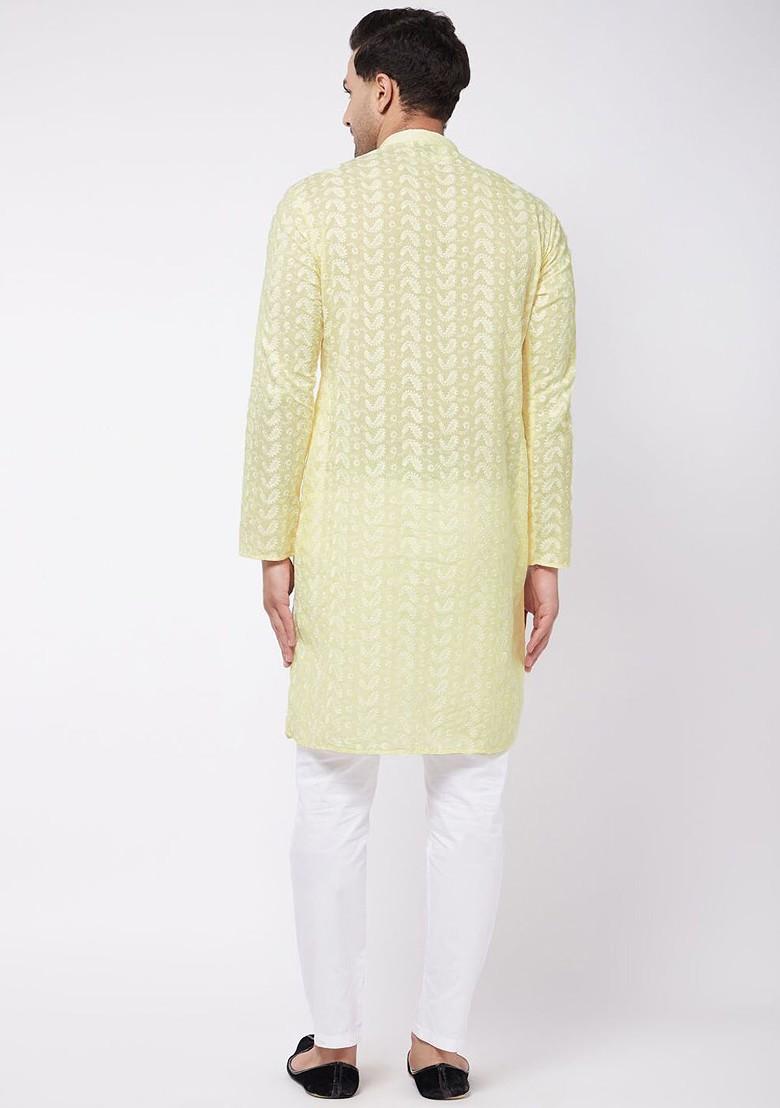 Yellow Solid Poly Blend Kurta Set For Men