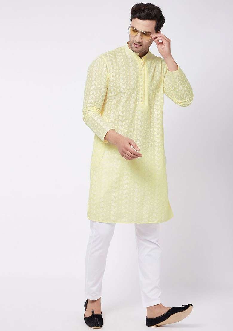 Yellow Solid Poly Blend Kurta Set For Men - Indya