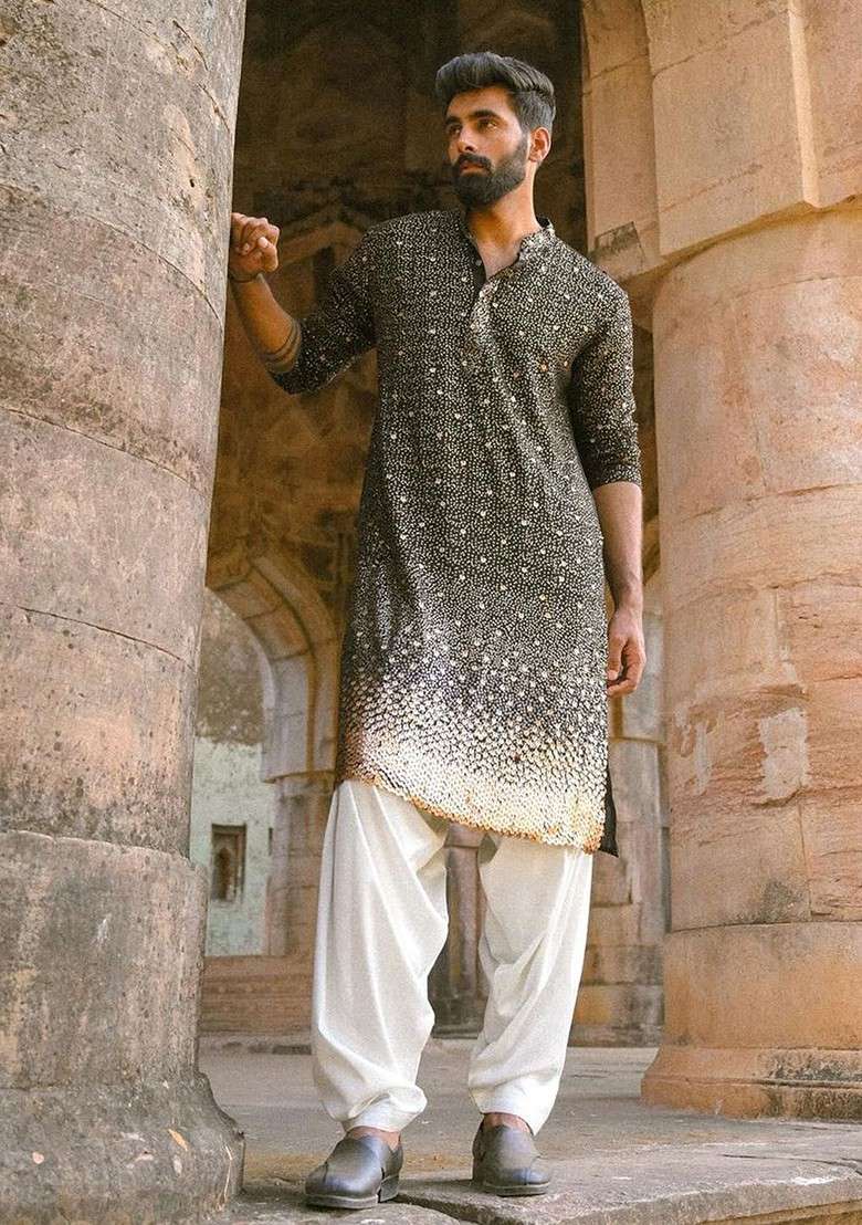 Black Ethnic Motifs Poly Blend Kurta Set For Men - Indya