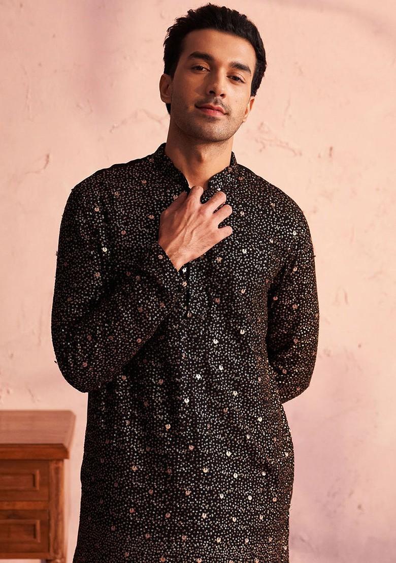Black Ethnic Motifs Poly Blend Kurta Set For Men
